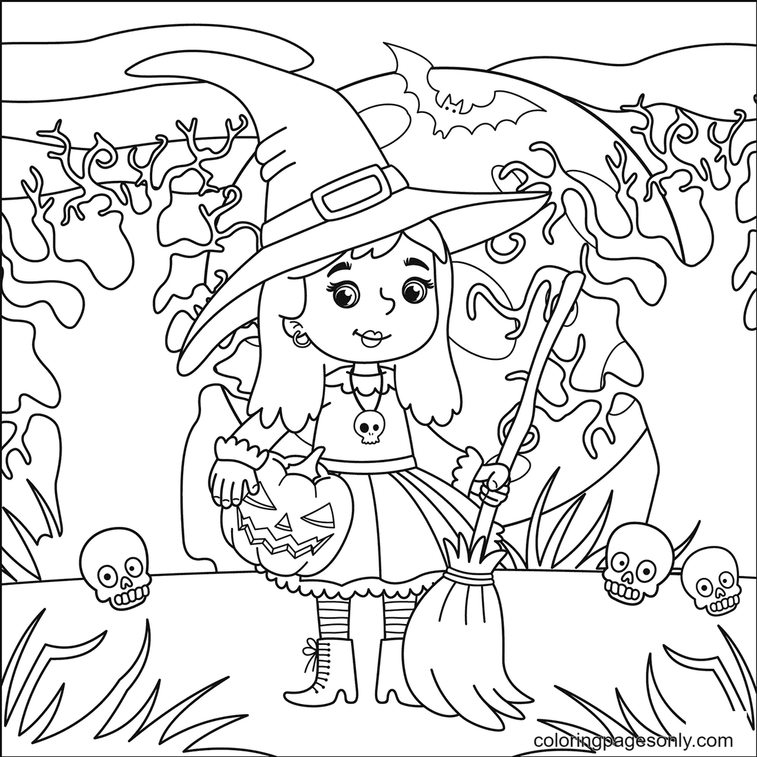 Jolie petite sorcière tenant un balai et une lampe citrouille de Halloween Witch
