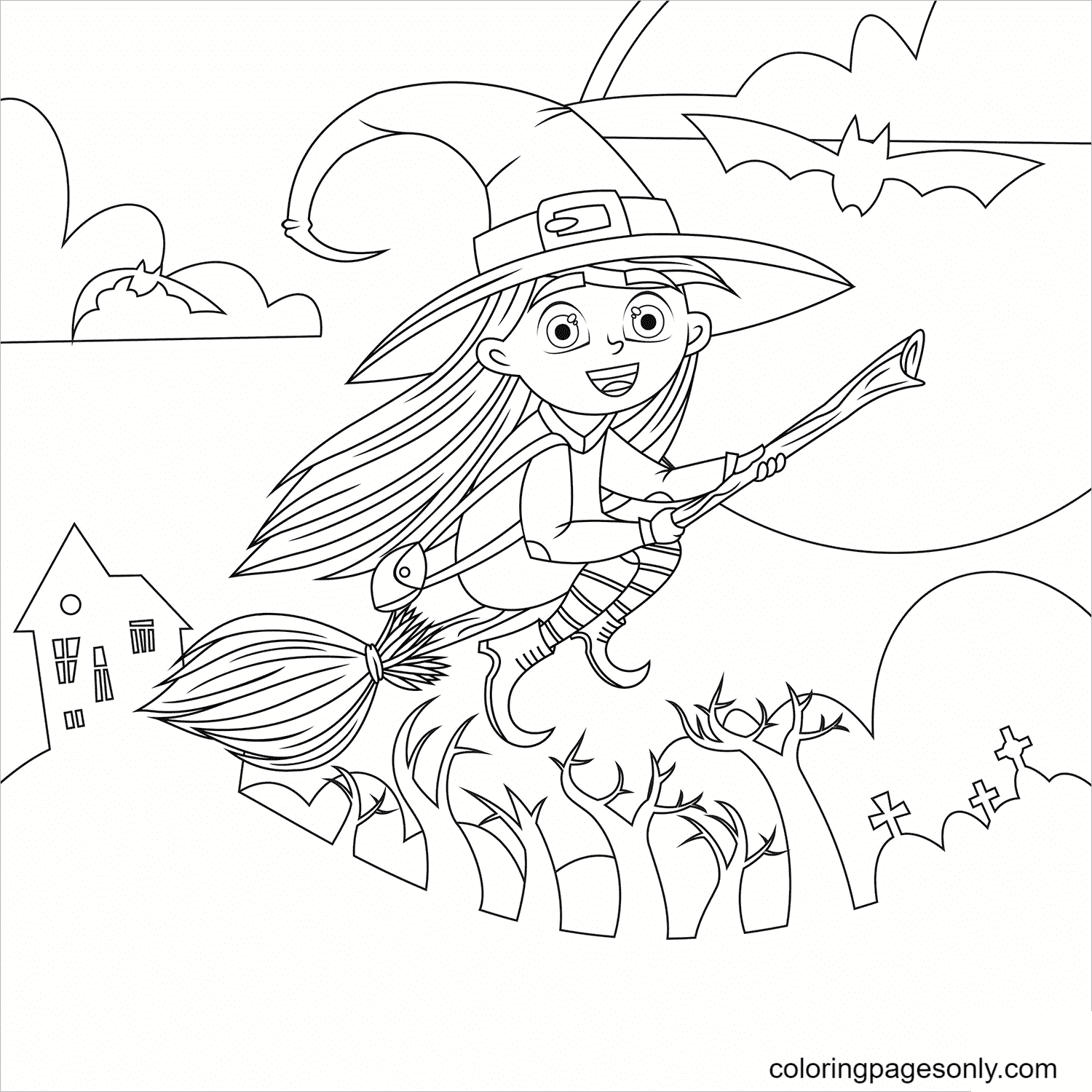 Cute Little Witch on a Flying Broom Coloring Page