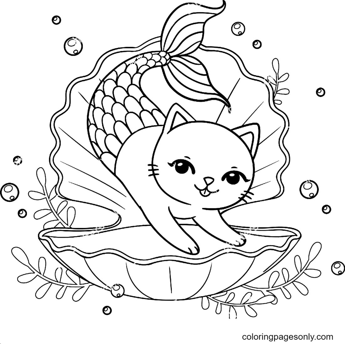 Cute Mermaid Kitten in Seashell Coloring Page