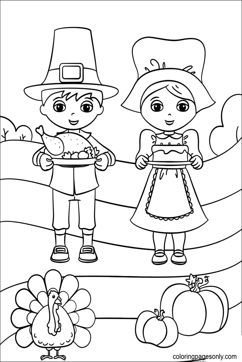 Cute Pilgrim Boy And Girl Coloring Pages
