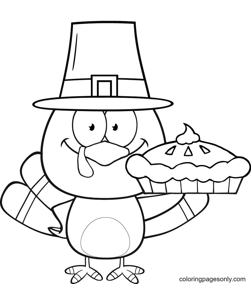 Cute Pilgrim Turkey Holding a Pie Coloring Page
