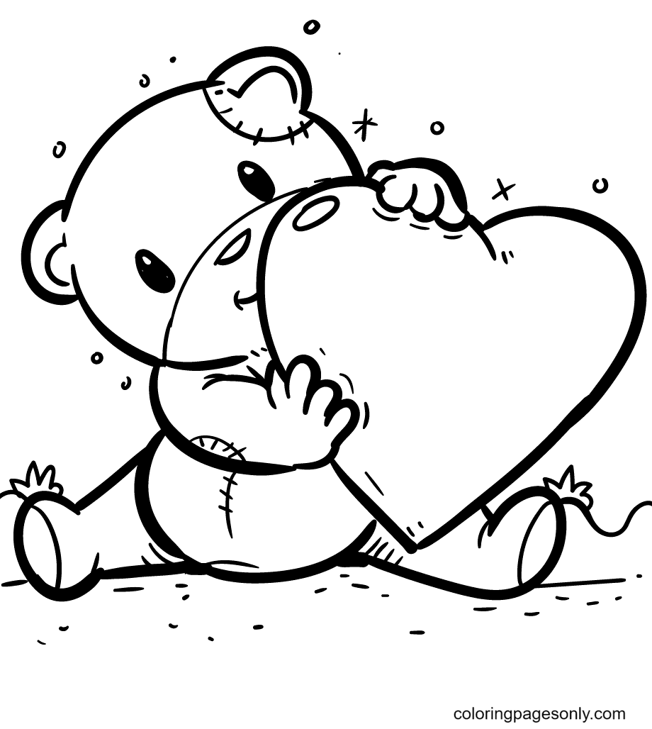 Cute Teddy Bear and Heart Coloring Page