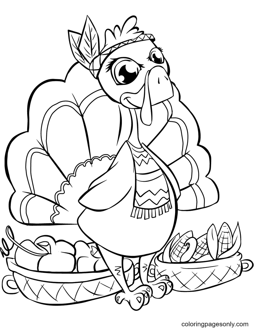 Cute Turkey with Baskets Coloring Page