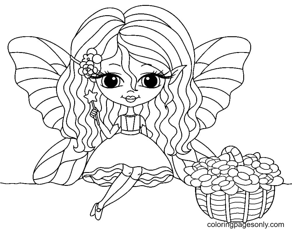 Cute fairy with a basket of flowers Coloring Pages