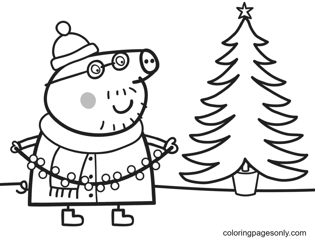Daddy Pig Decorates Xmas Tree Coloring Pages