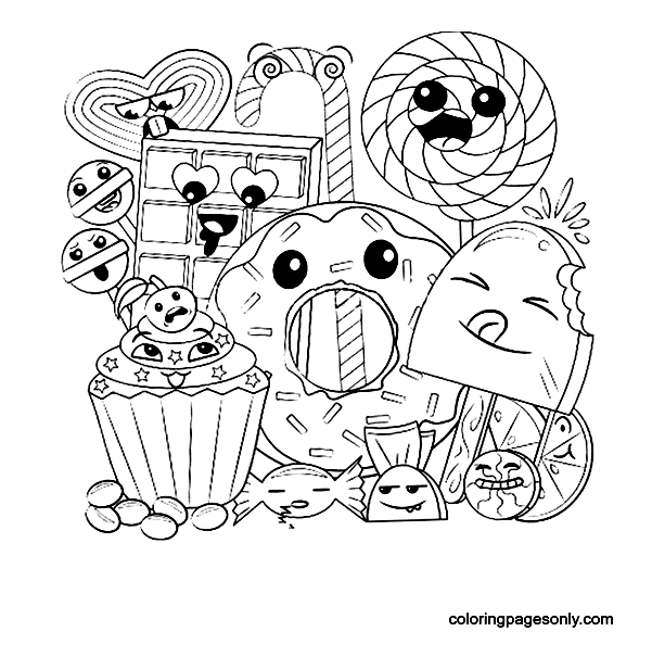 Donuts, candies, sweets, chocolate Kawaii Coloring Page