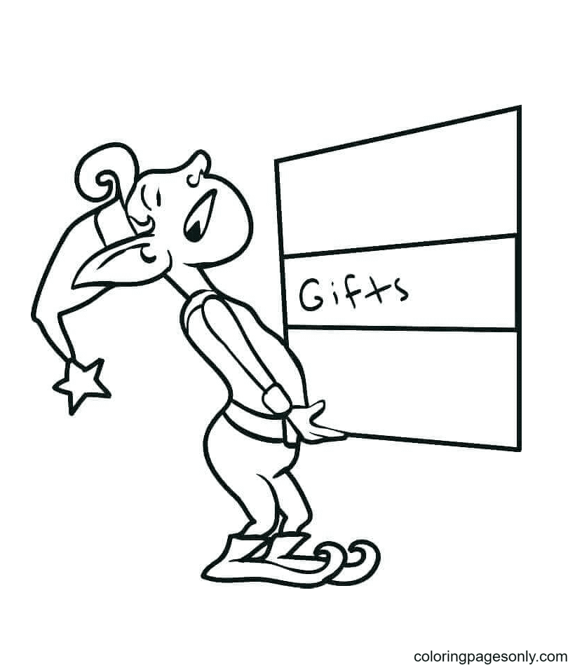 Elf And Big Box Of Gifts Coloring Page