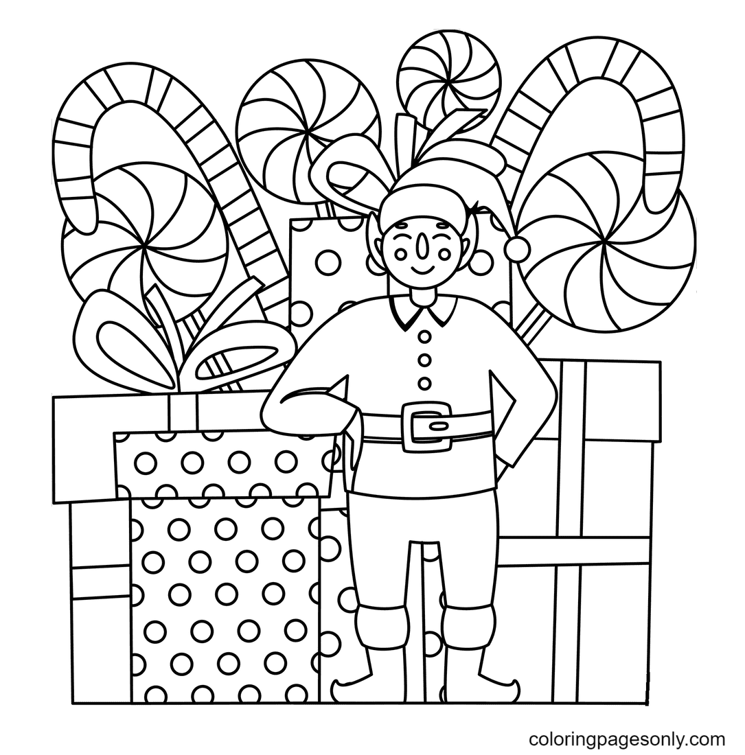 Elf With Gift Boxes and Candies Coloring Page