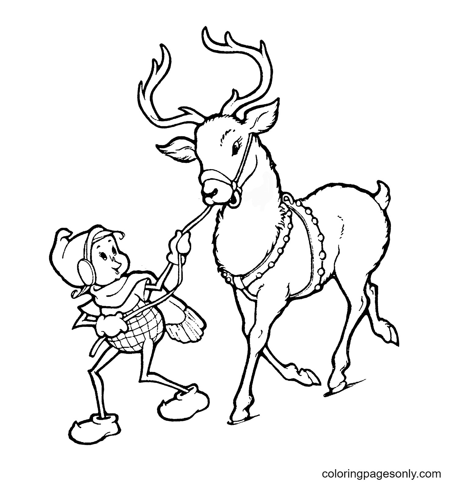 Elf and Reindeer Coloring Page