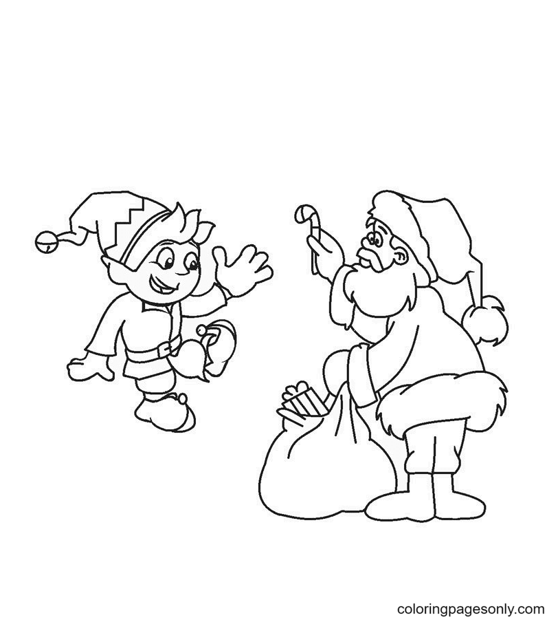 Elf and Santa Coloring Page