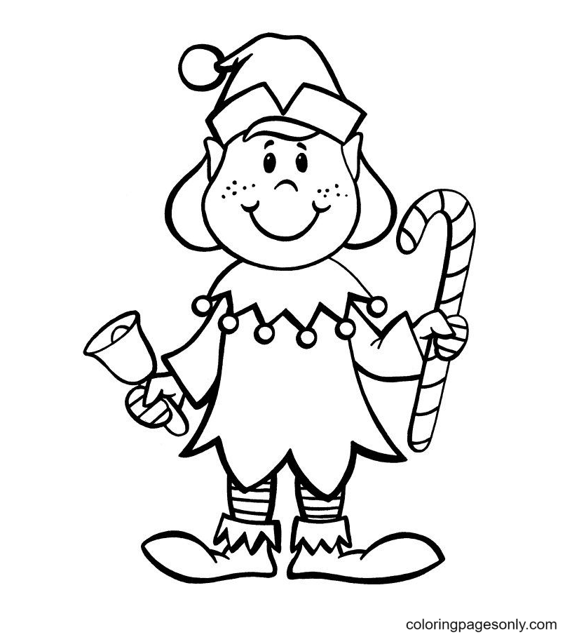 Elves Holding Bell and Candy Cane Coloring Page