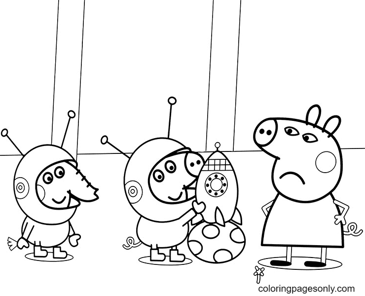 Desenho de Emily Elephant e George com Peppa Pig para colorir