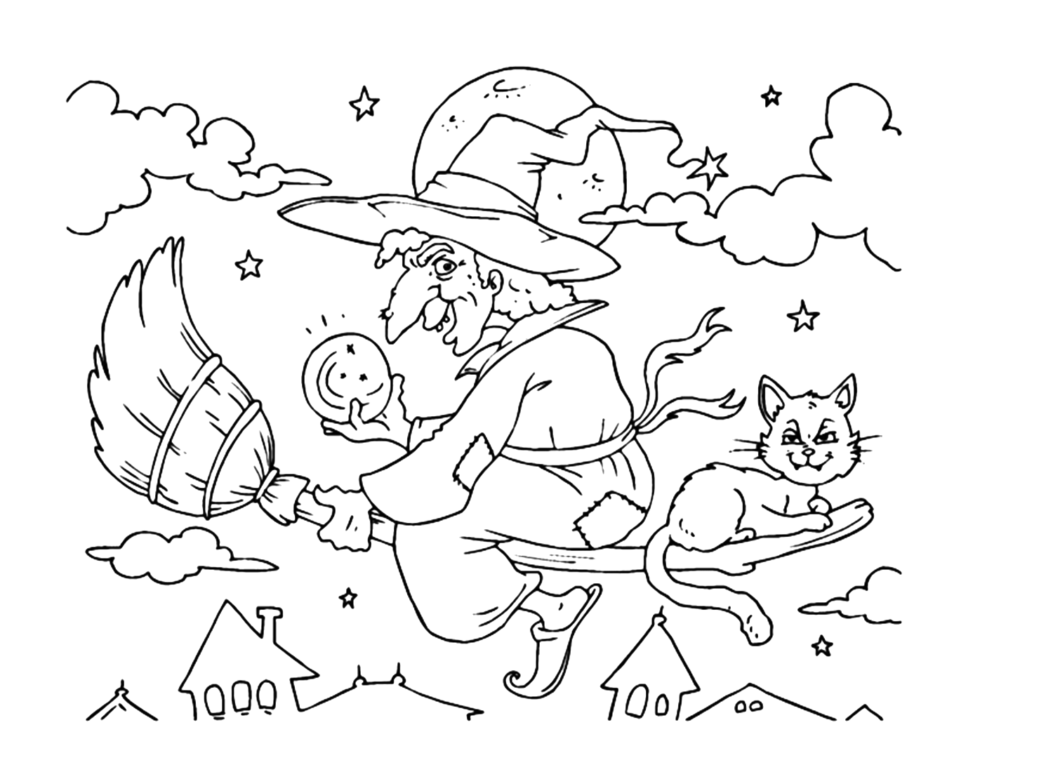 Evil Witch and Black Cat on a Flying Broom Coloring Pages