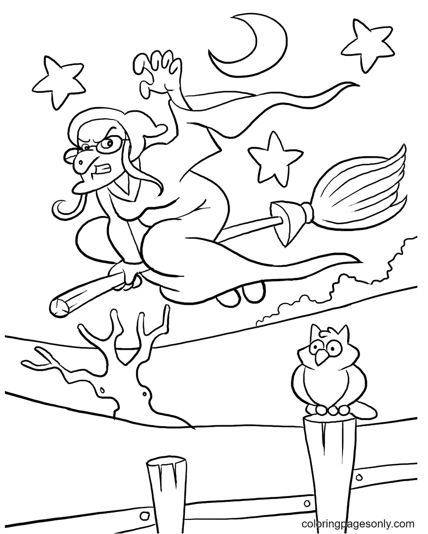 Evil Witch on a Flying Broom Coloring Page