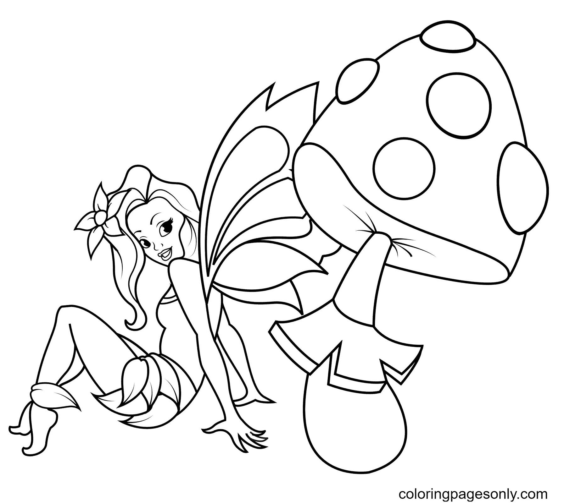 Fairy Sitting Under Mushroom Coloring Page