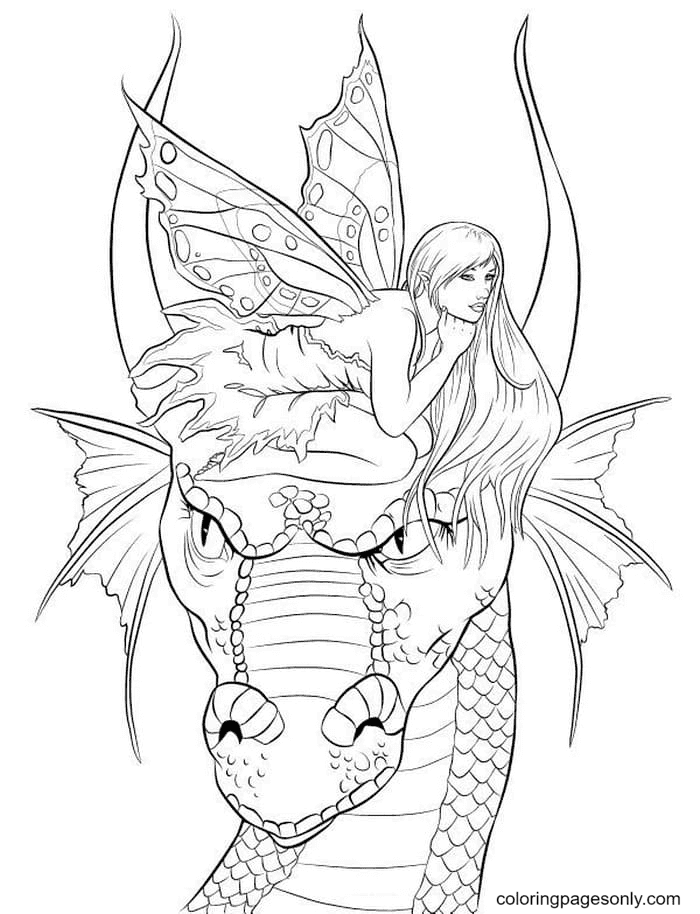 Desenho de fada e dragão para colorir