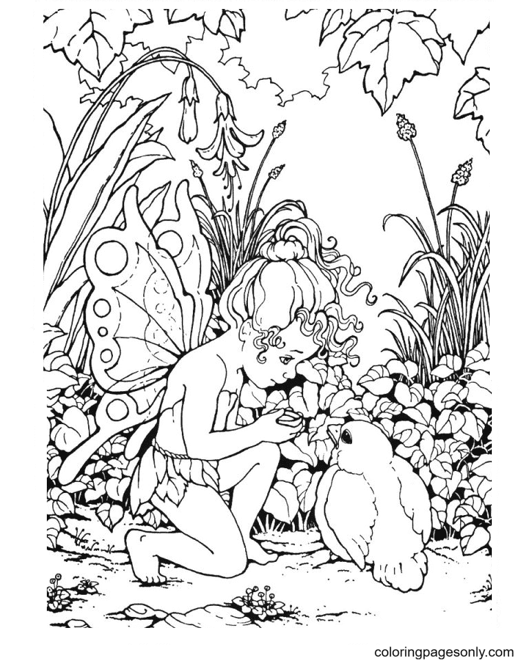 Fairy with Bird Coloring Page