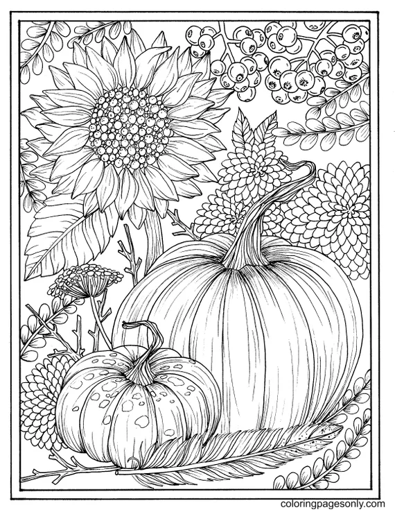 Página para colorir de flores e abóboras de outono