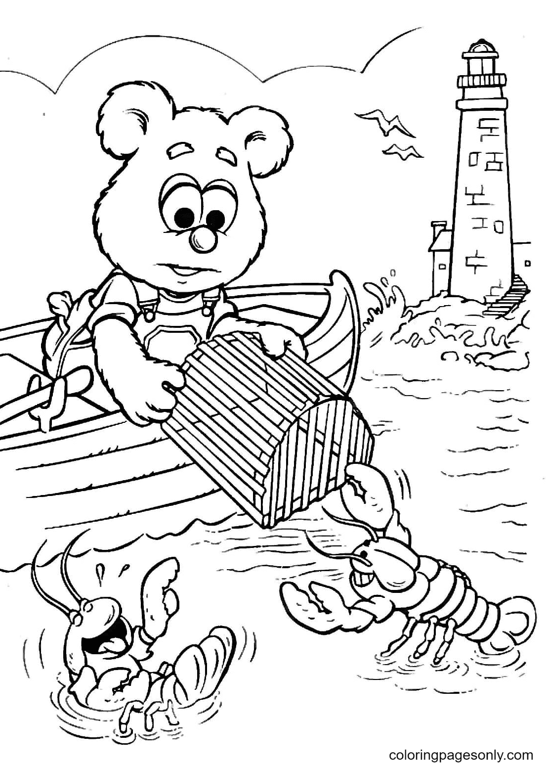 Fozzie is fishing for Lobsters Coloring Page
