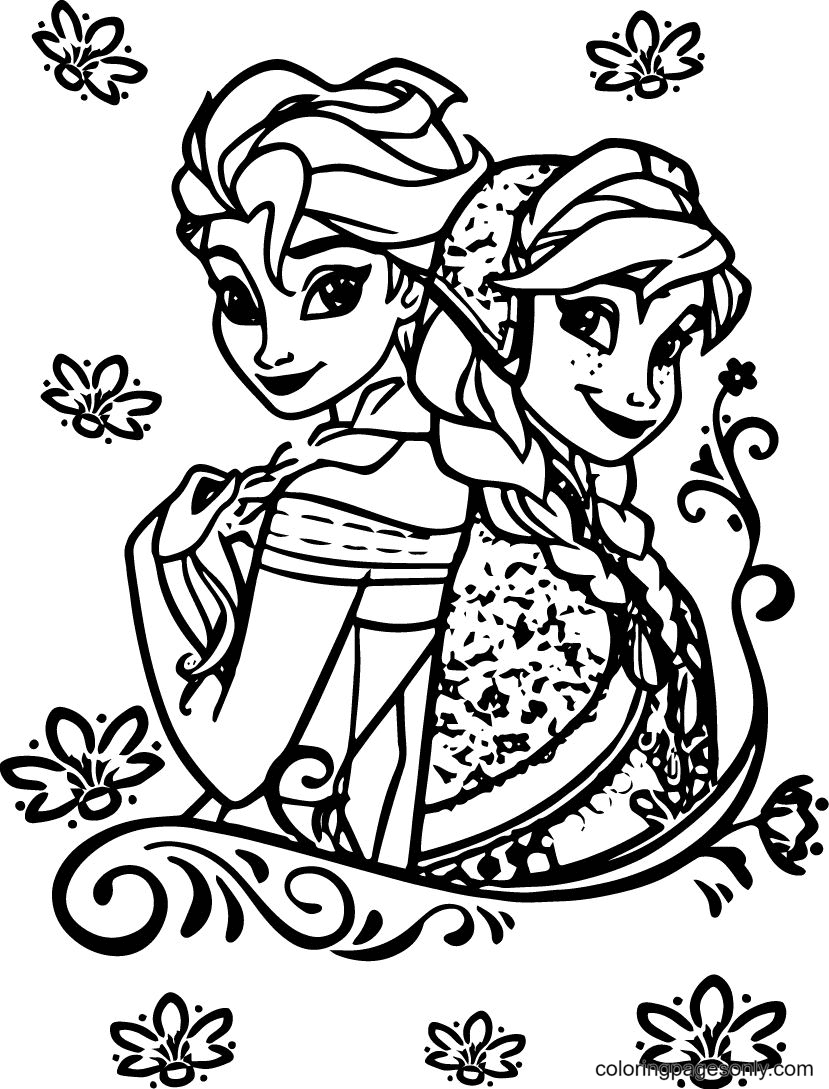 Pagina da colorare di Frozen Elsa e Anna