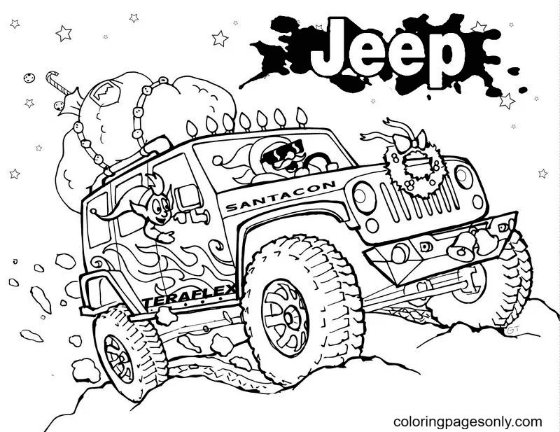 Jeep divertido con Santa para colorear
