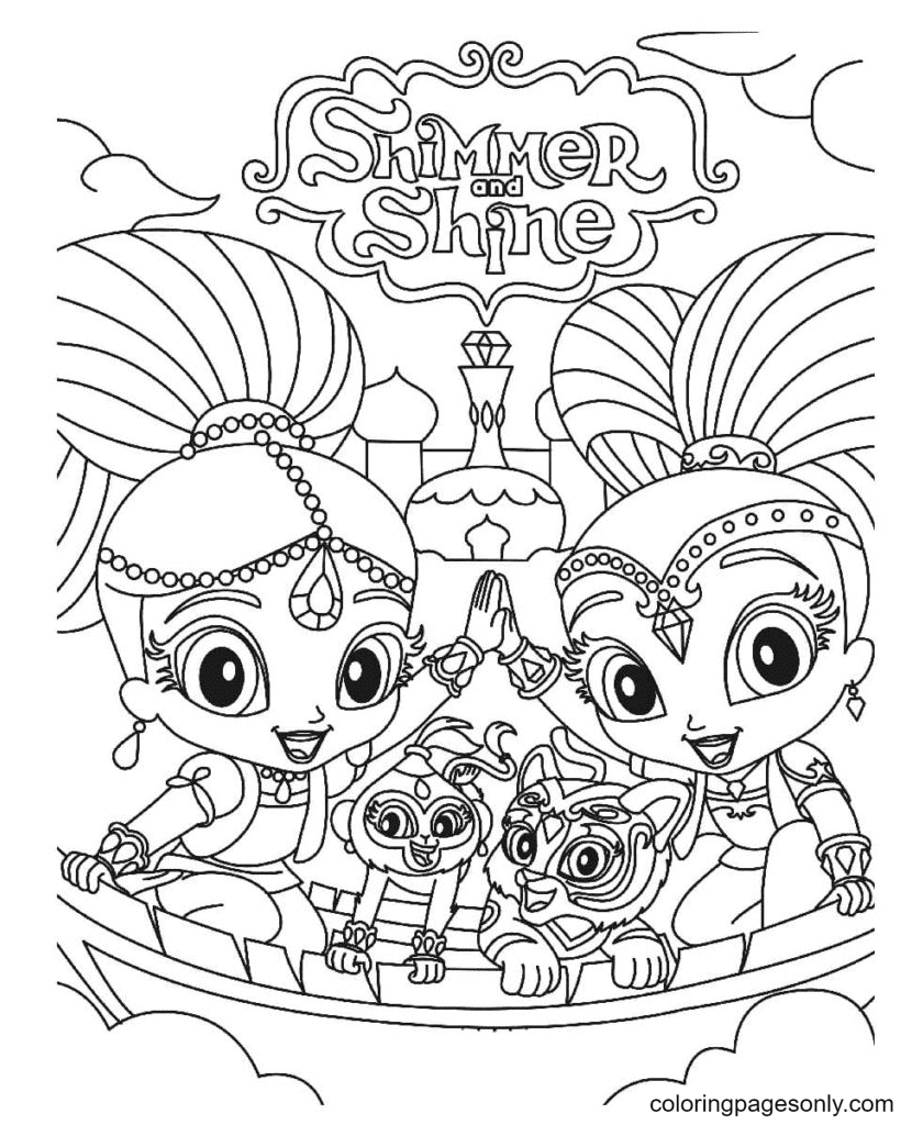 Genies Shimmer and Shine with their pet Coloring Pages