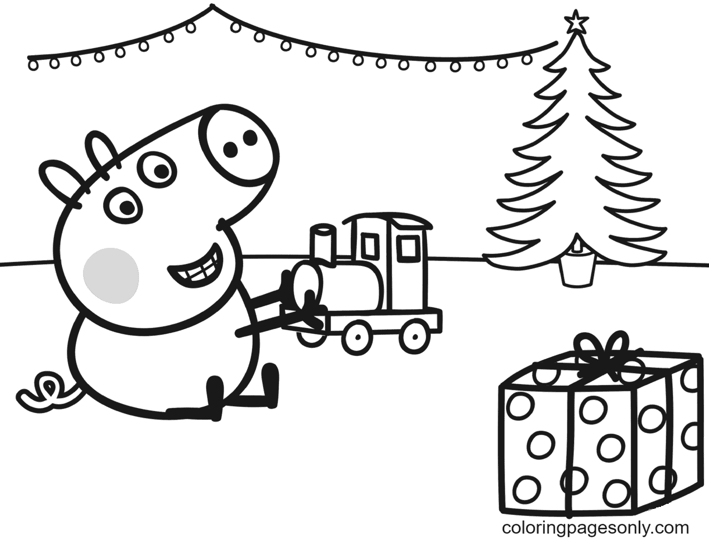 Pagina da colorare di George gioca con il treno di Natale