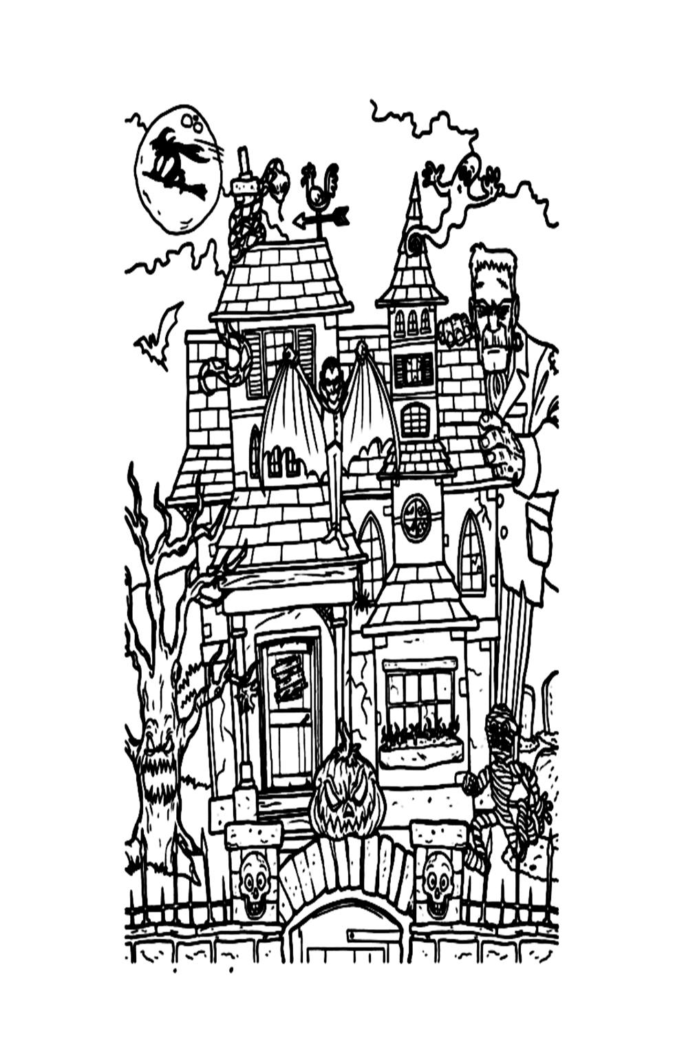 Ghosts, Monsters, Mummy, Witches Gather In A Castle Coloring Pages
