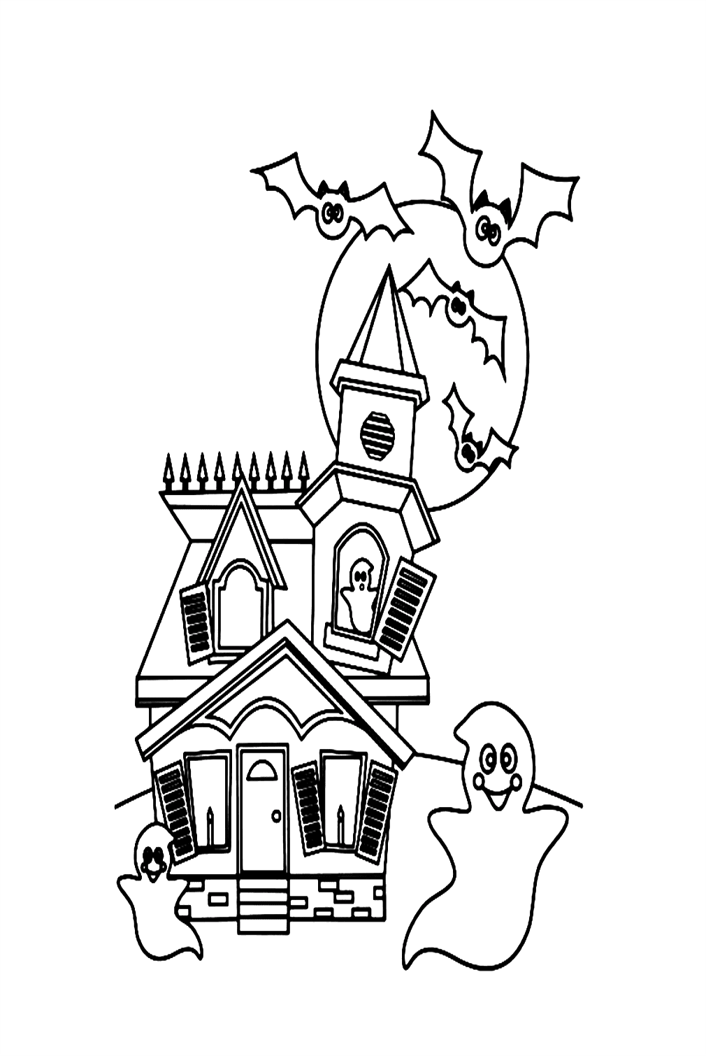 Ghosts And Bats Fly From Haunted House Coloring Pages