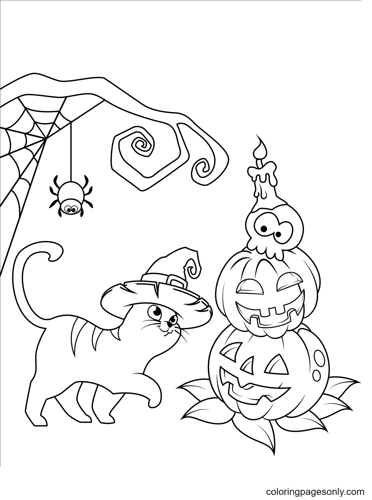 Halloween Cat and Jack O’Lantern Coloring Page