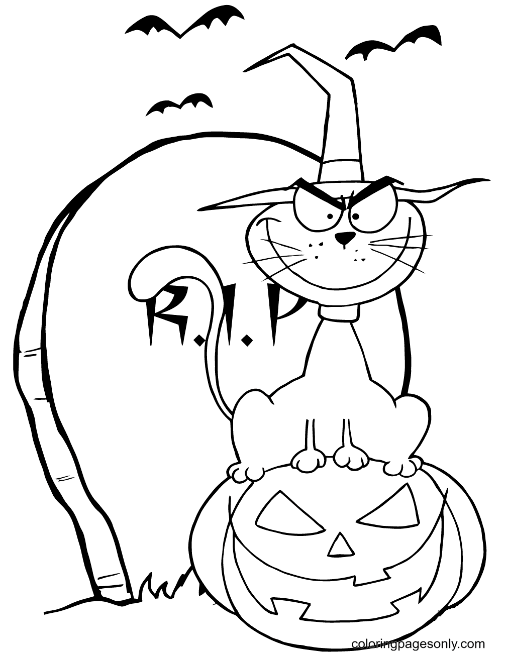 Кошка на Хэллоуин раскраска