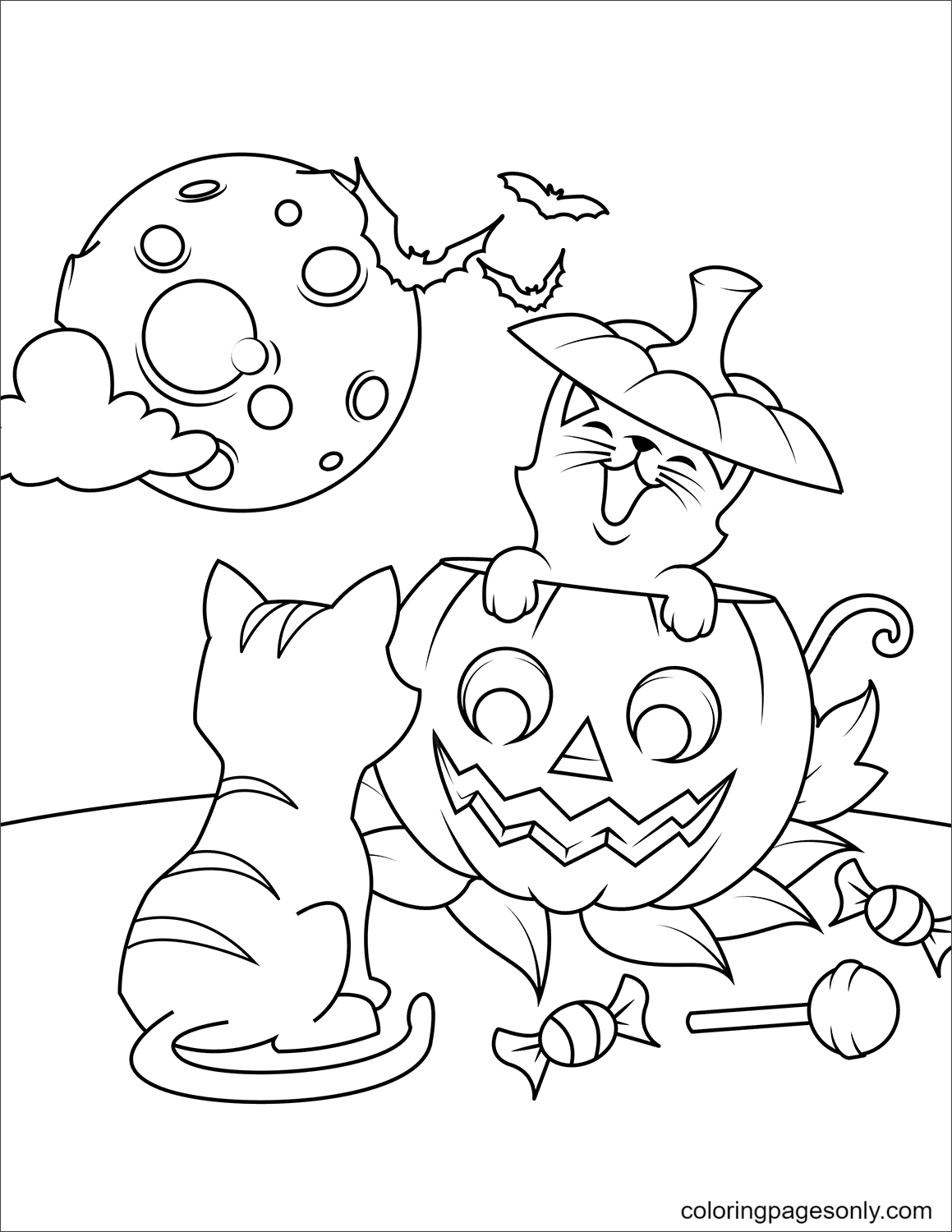 Halloween Cats And Jack O'Lantern Coloring Pages