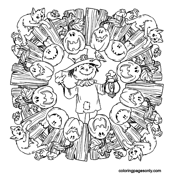 Halloween Mandala with Scarecrow, Jack-o’-Lantern and Black Cats Coloring Pages