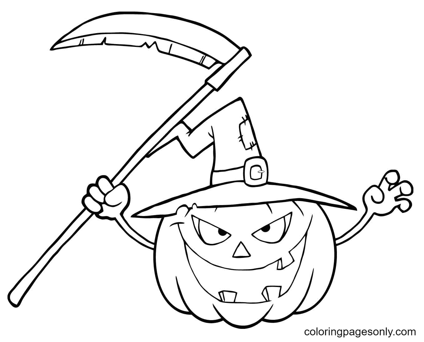 Desenho de ceifador de desenhos animados e pilha de abóboras de halloween  para colorir e imprimir