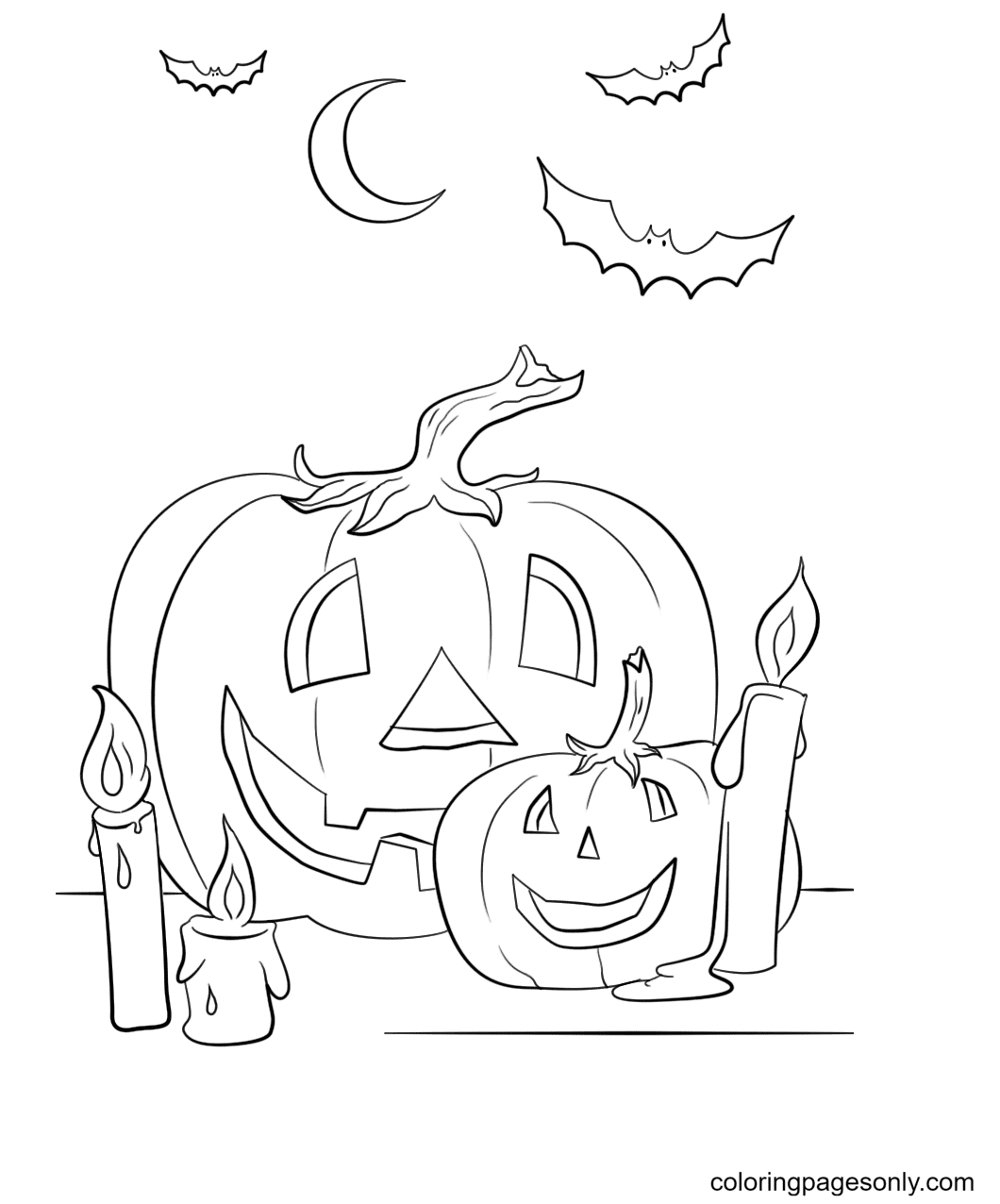 Halloween Scene with Pumpkins, Candles and Bats Coloring Page