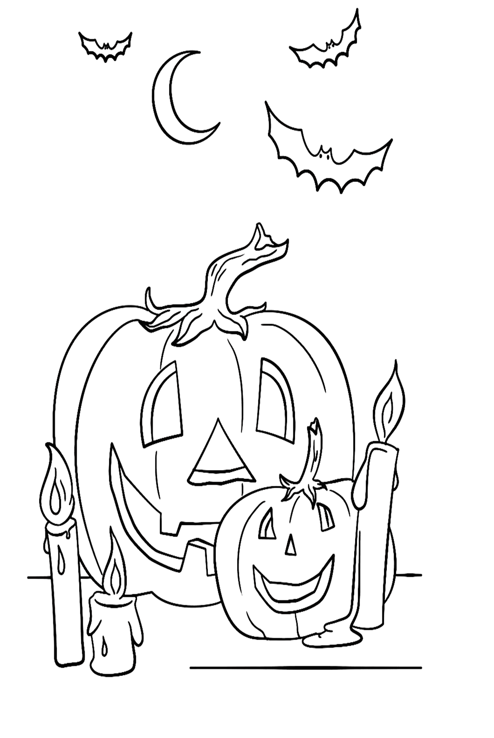 Halloween Scene with Pumpkins, Candles and Bats Coloring Pages