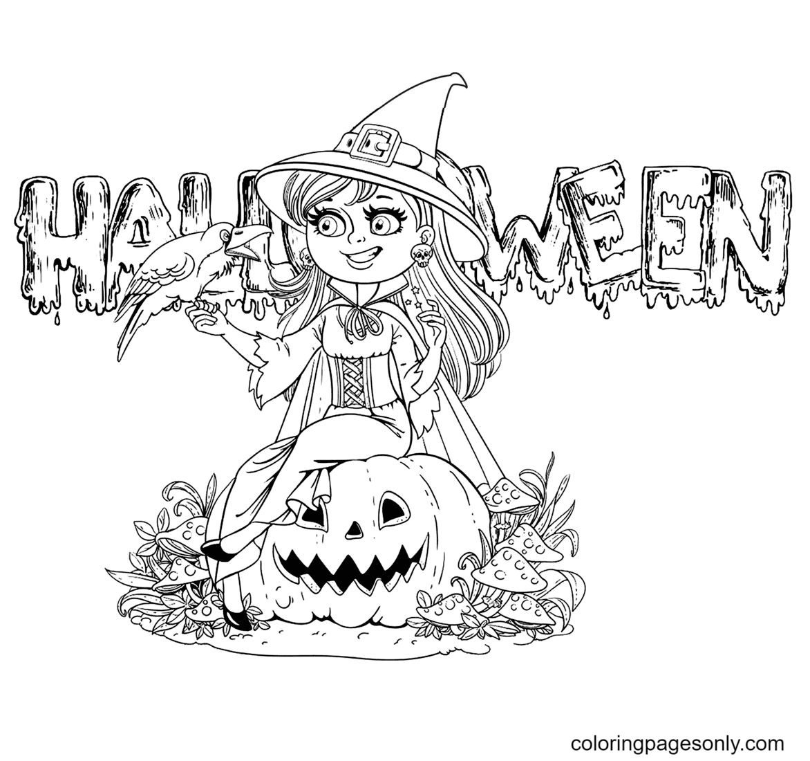 Halloween Smiling Witch and Crow Coloring Page