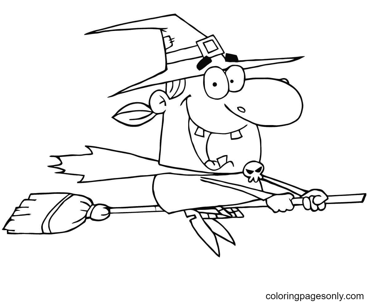 Halloween Witch Rides a Broom Coloring Page