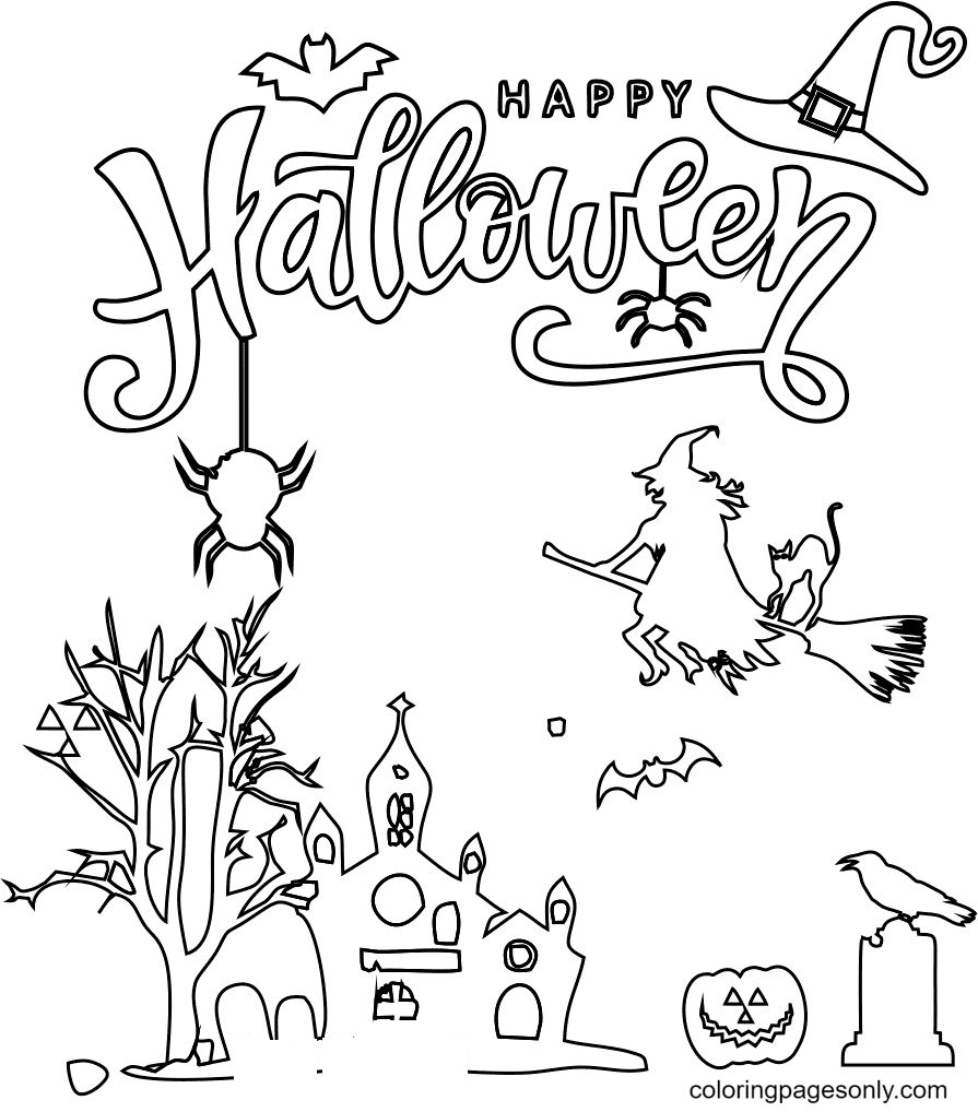Halloween-Hexe und Katze auf einem Besen von Witch