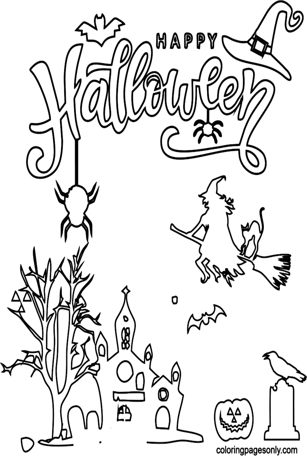 Halloween Witch And Cat On A Broom Coloring Pages