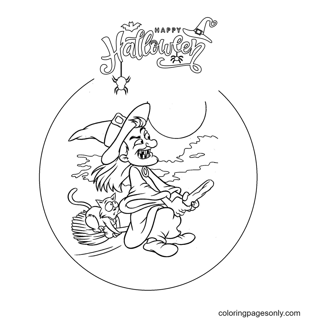 Halloween Witch and Cat Coloring Page