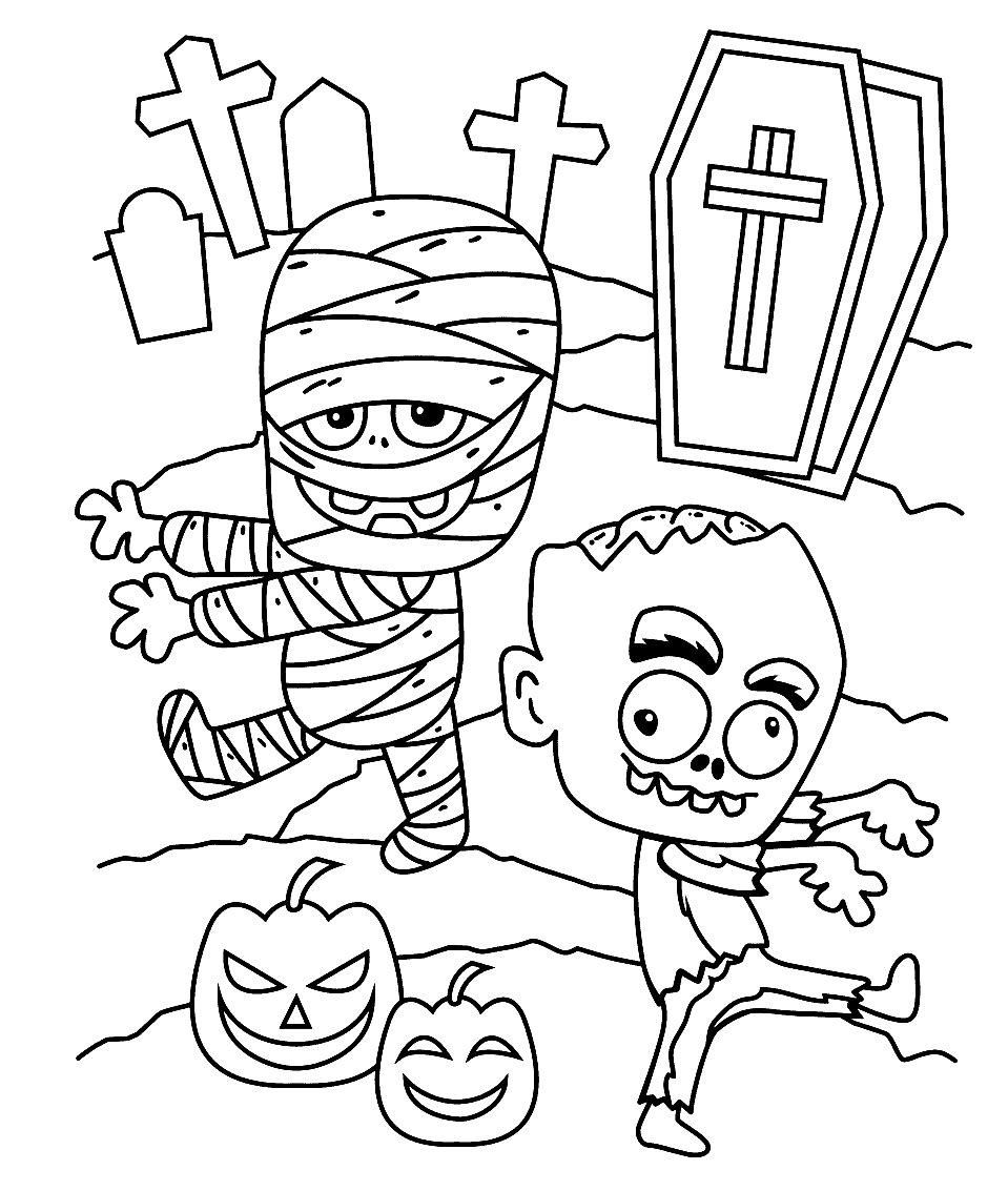Halloween a Mummy and a Zombie Coloring Page