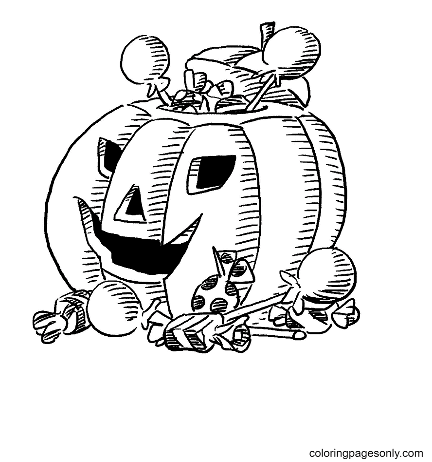 Halloween-Kürbis mit Süßigkeiten im Inneren von Jack O'Lantern