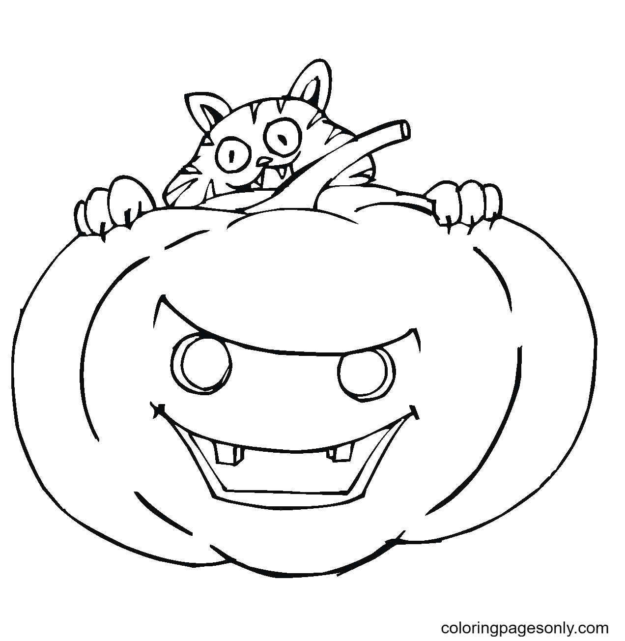 Halloween pumpkin with crazy cat Coloring Page