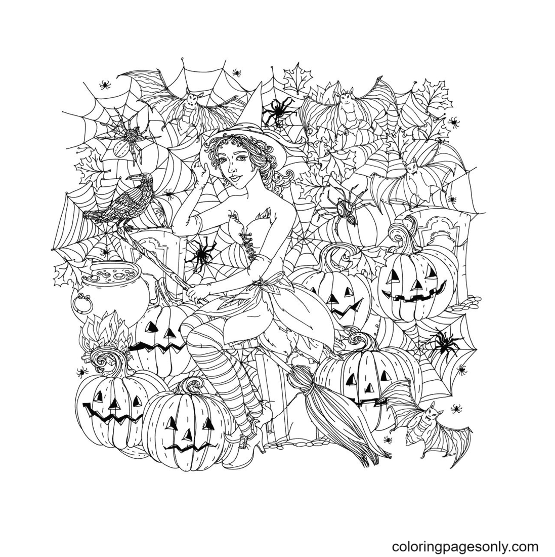 Bruxa de Halloween com abóboras de Halloween Mandala