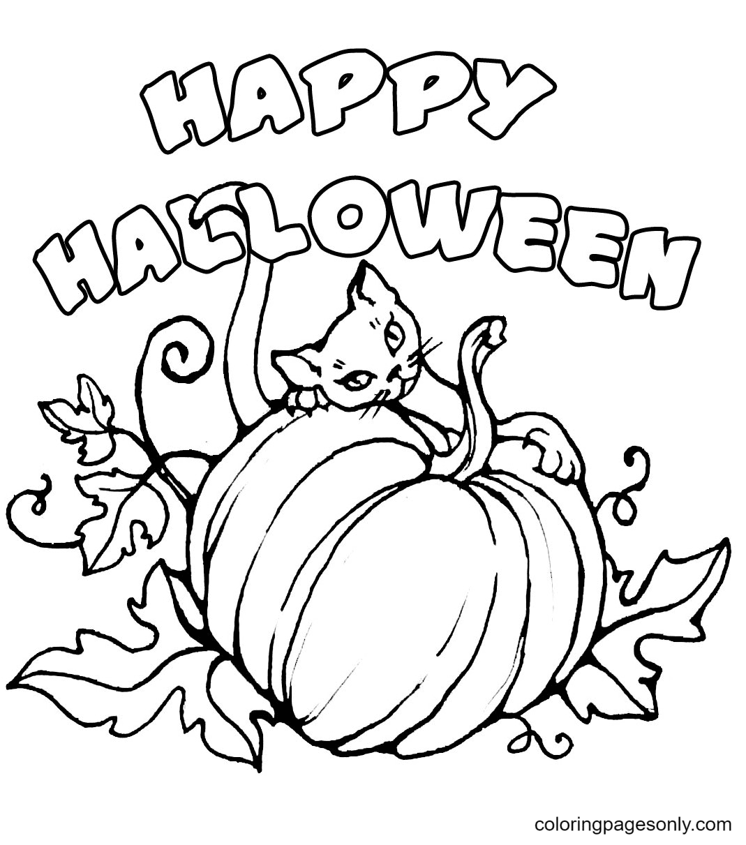 Happy Halloween Pumpkin and Cat Coloring Page