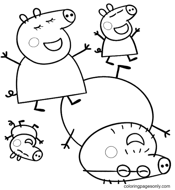 Pagina da colorare felice della famiglia di Peppa Pig