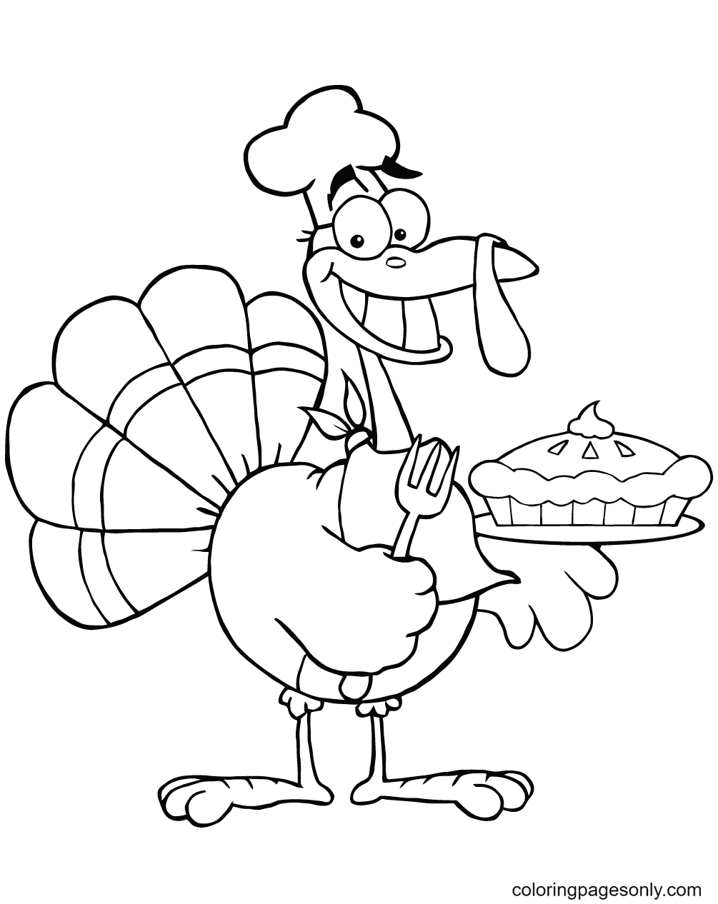 Happy Turkey Chef with Pie Coloring Page