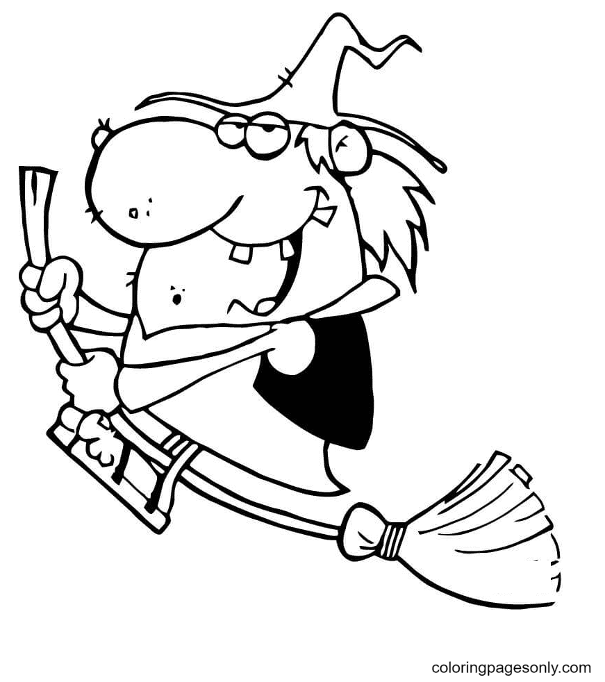 Happy Witch Rides Broom Coloring Page