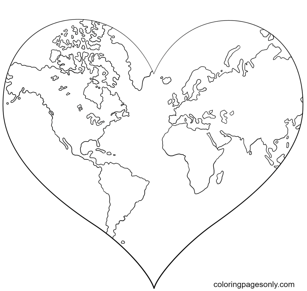 Página para colorir da terra em forma de coração